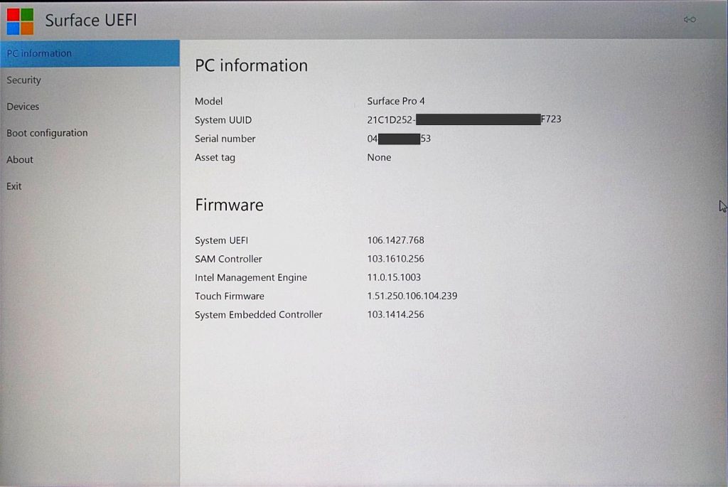 Surface Pro 4 UEFI PC information